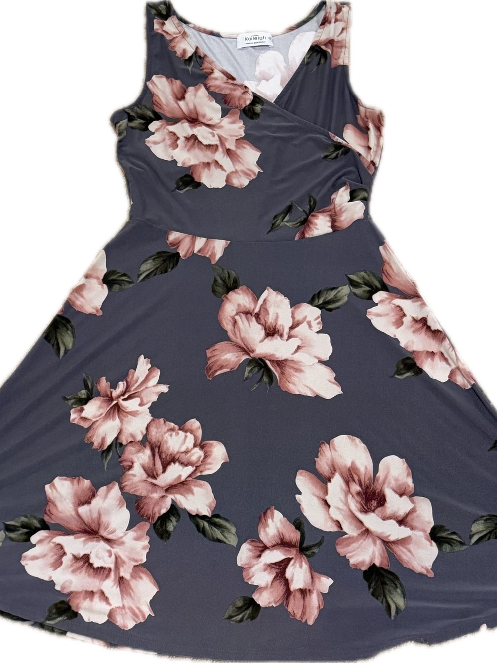 Kaileigh Slate Gray Midi Dress with Blush Floral Print | M